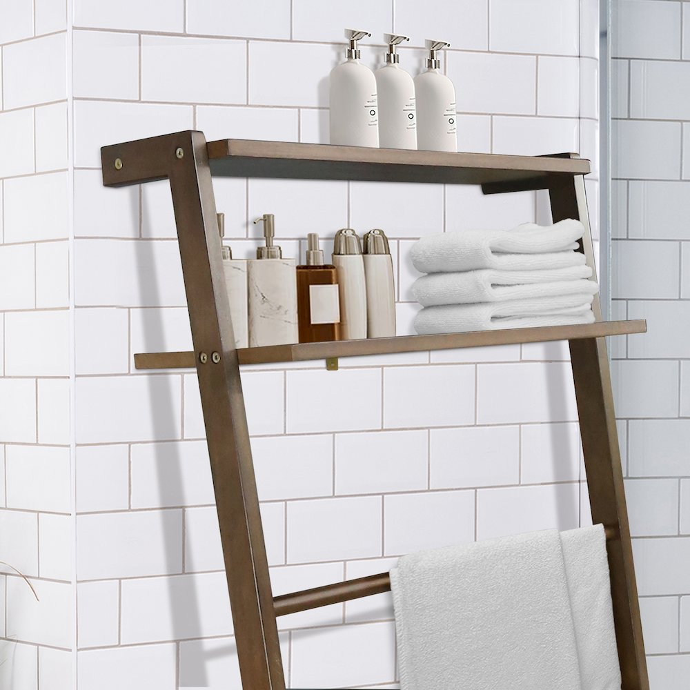 Solid Wood 6-Tier Blanket Ladder with Two Storage Shelves - Walnut. Picture 10