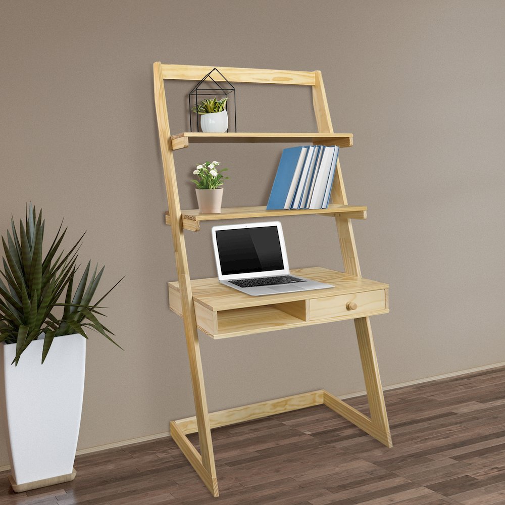 Freestanding Ladder Desk with Drawer, Natural. Picture 11