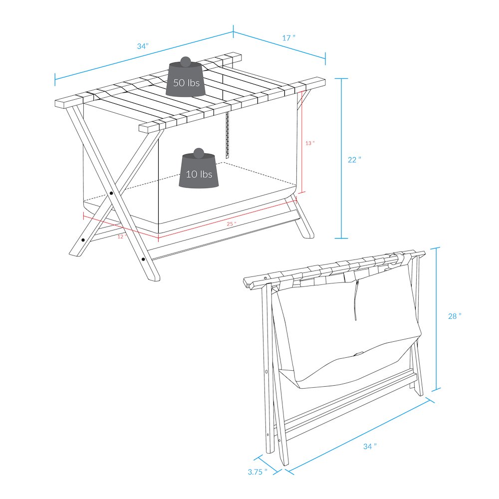 Heavy Duty 34" Extra Wide Luggage Rack with Zippered Laundry Bag- Walnut. Picture 12