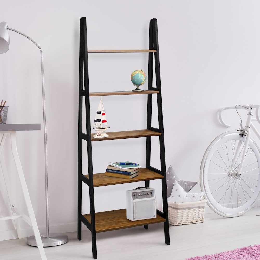 5-Shelf Ladder Bookcase - Rustic Brown/Black. Picture 10
