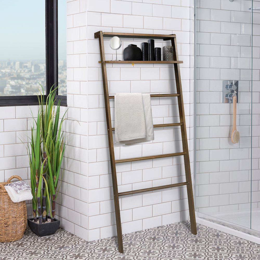 Solid Wood 6-Tier Blanket Ladder with Two Storage Shelves - Walnut. Picture 8