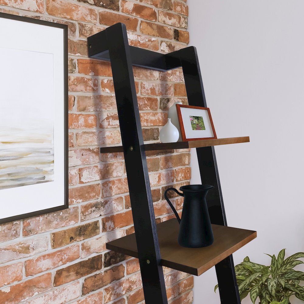 5-Tier Leaning Ladder Bookcase with Solid American Gum Shelves - Black/Walnut. Picture 9