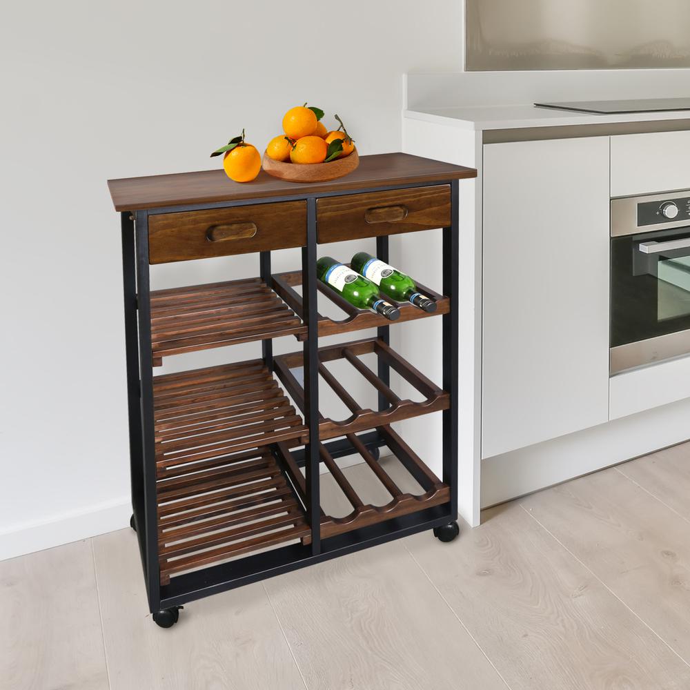Solid Wood 28" Wide Rolling Kitchen Island Trolley with Wine Rack and Drawer. Picture 9
