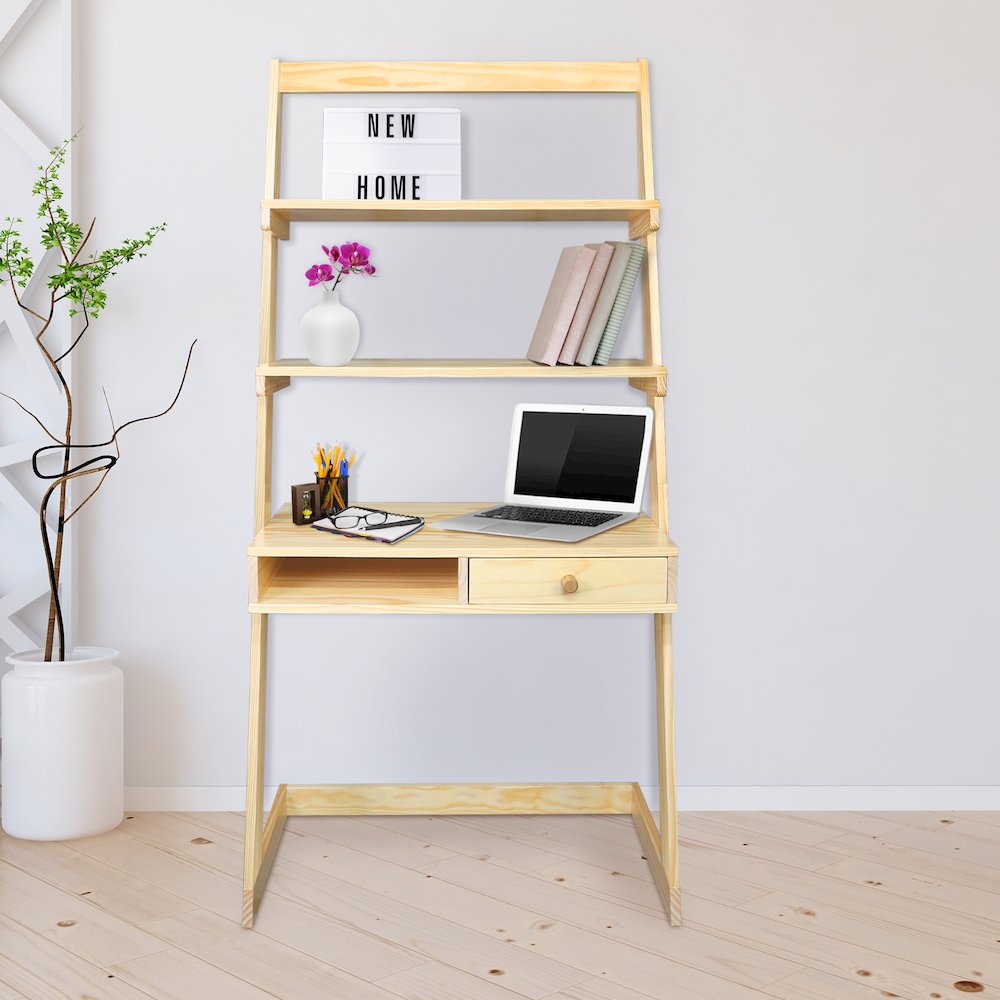 Freestanding Ladder Desk with Drawer, Natural. Picture 10