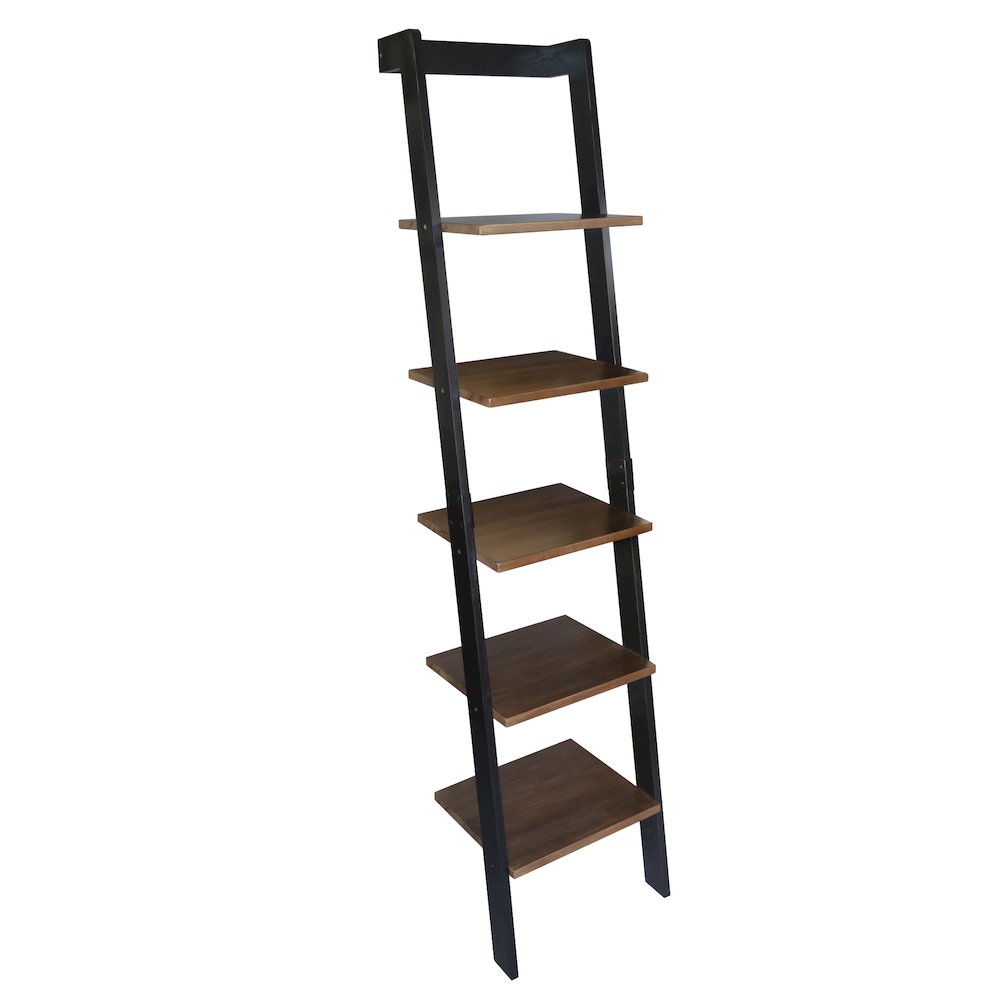 5-Tier Leaning Ladder Bookcase with Solid American Gum Shelves - Black/Walnut. Picture 5