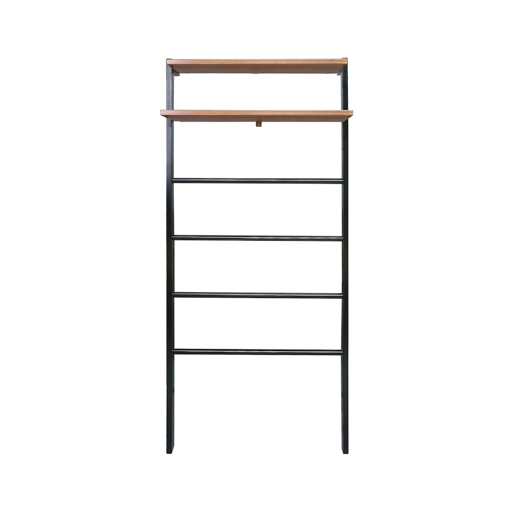 Solid Wood 6-Tier Blanket Ladder with Two Storage Shelves - Black/Sweet Oak. Picture 1
