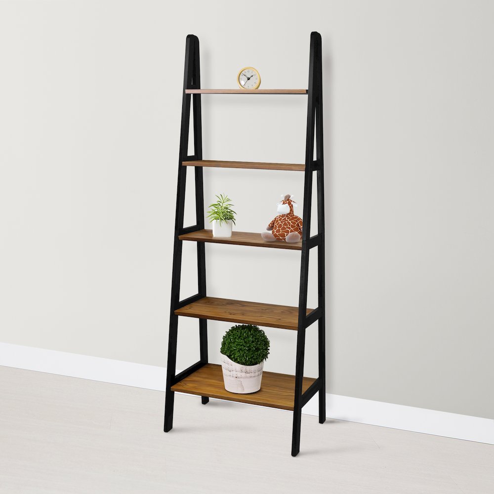 5-Shelf Ladder Bookcase - Rustic Brown/Black. Picture 7