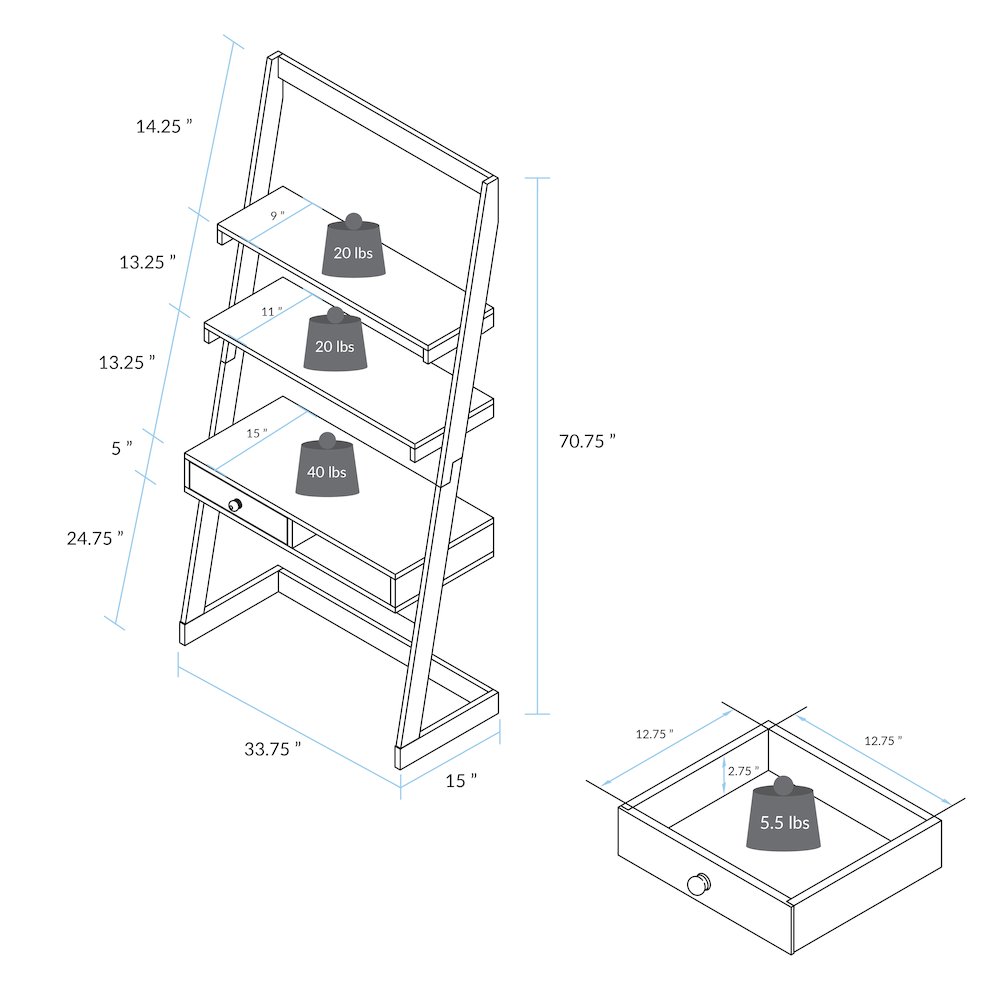 Freestanding Ladder Desk with Drawer, Natural. Picture 12