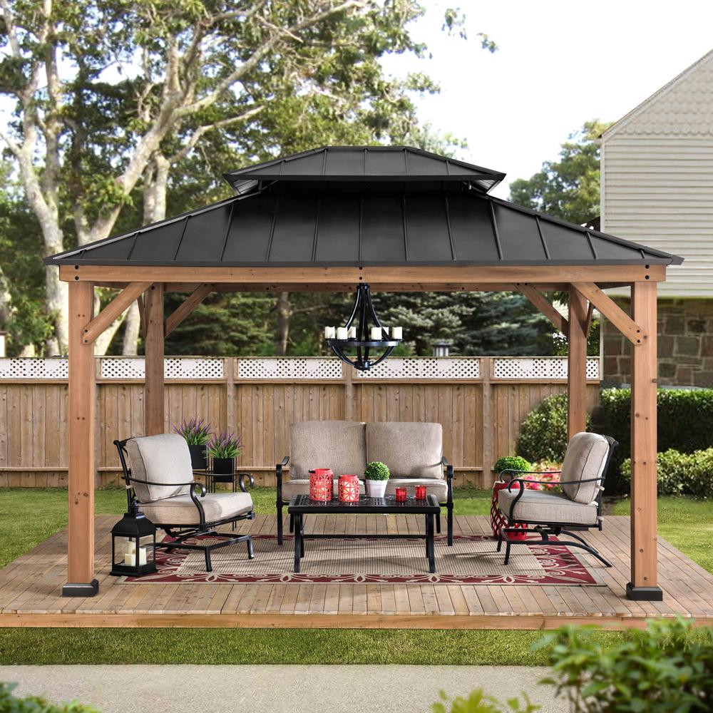 Outdoor Patio Cedar Framed Gazebo with Double Steel Hardtop Roof for Garden. Picture 10