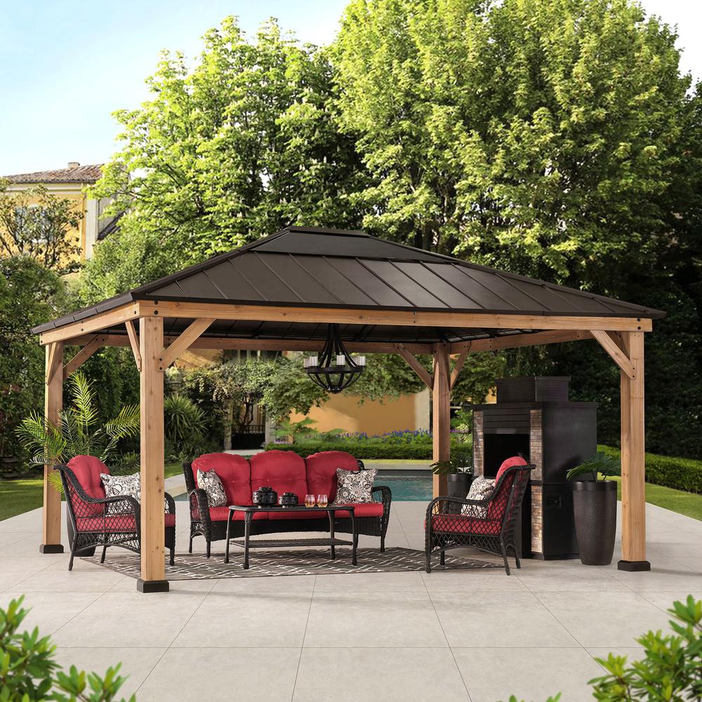 Outdoor Patio Cedar Framed Gazebo with Steel and Polycarbonate Hip Roof Hardtop. Picture 8