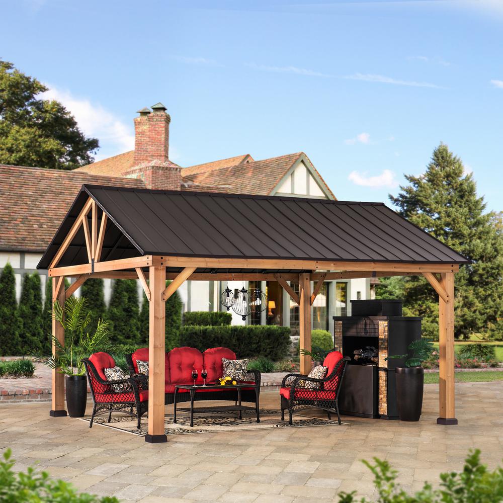 Sunjoy 13 ft. x 15 ft. Cedar Framed Gazebo with Brown Steel Gable Roof Hardtop. Picture 5