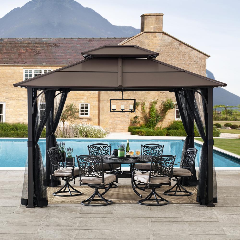 10 ft. x 12 ft. Black and Brown Steel Gazebo with 2-tier Hip Roof Hardtop. Picture 7