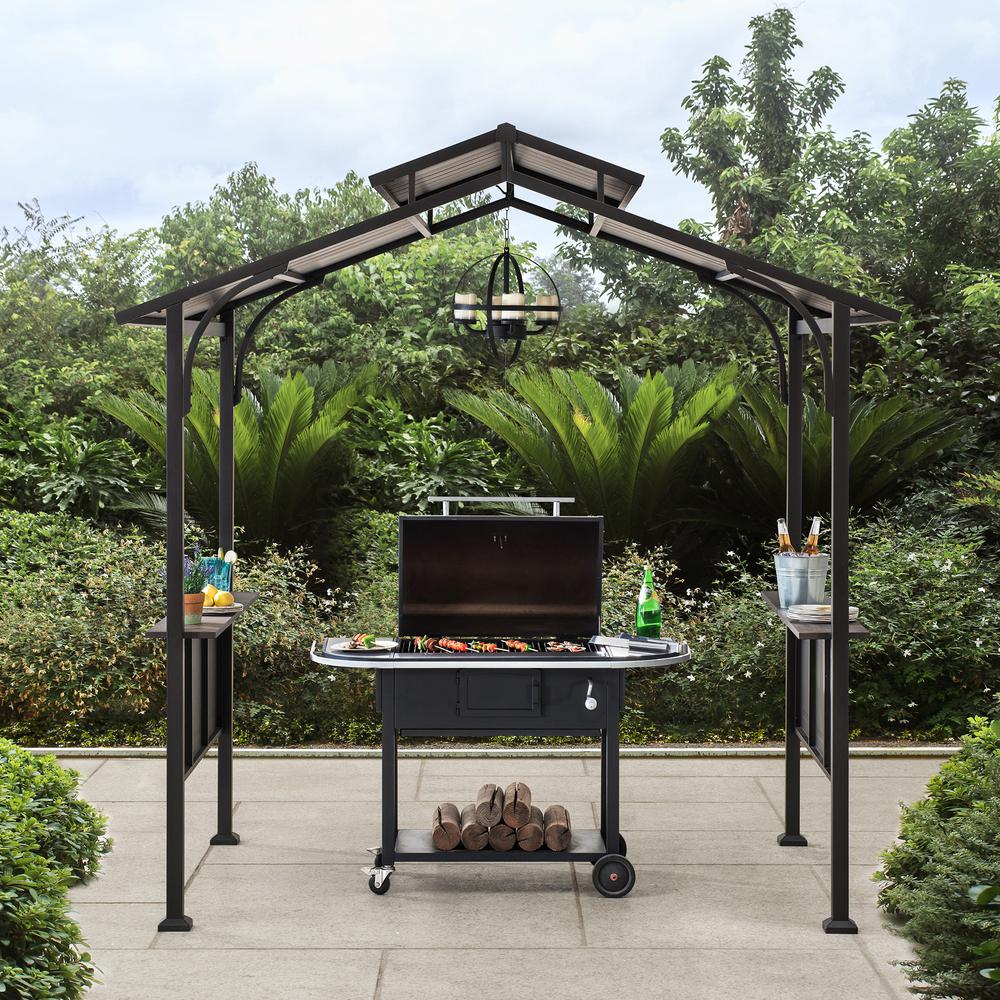 8x5 ftBrown Steel Frame 2-Tier BBQ Grill Gazebo with Ceiling Hook and Shelves. Picture 8