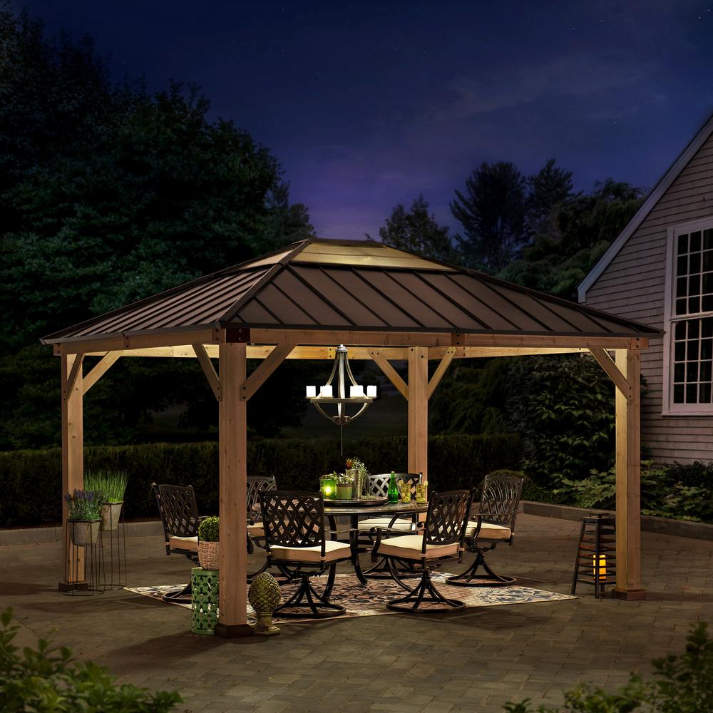 Outdoor Patio Cedar Framed Gazebo with Steel and Polycarbonate Hip Roof Hardtop. Picture 8