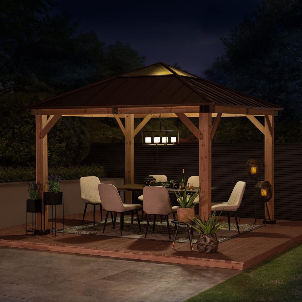 Outdoor Patio Cedar Framed Gazebo with Steel and Polycarbonate Hip Roof Hardtop. Picture 8