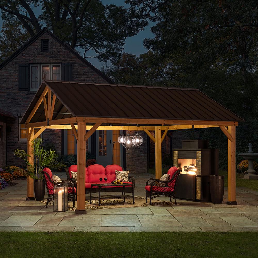 Sunjoy 13 ft. x 15 ft. Cedar Framed Gazebo with Brown Steel Gable Roof Hardtop. Picture 6