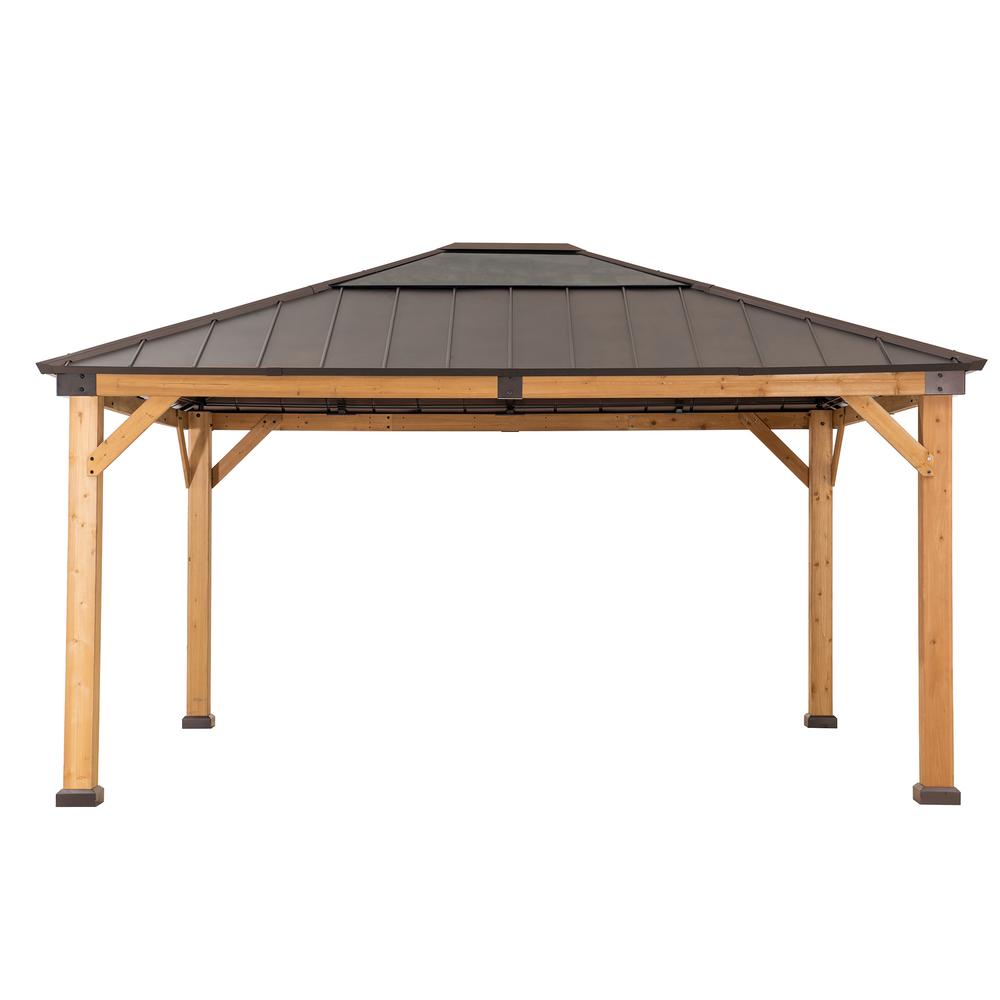 Sunjoy Patio 13 x 15ft Cedar Framed Gazebo with Brown Steel Hardtop. Picture 1