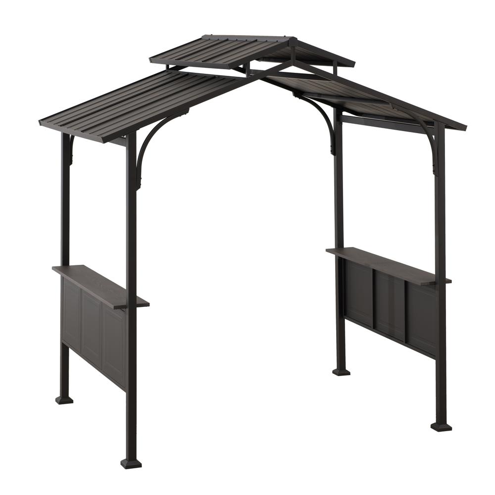 8x5 ftBrown Steel Frame 2-Tier BBQ Grill Gazebo with Ceiling Hook and Shelves. Picture 1