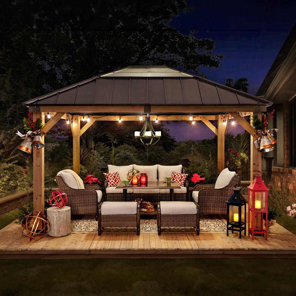 Outdoor Patio Cedar Framed Gazebo with Steel and Polycarbonate Hip Roof Hardtop. Picture 9