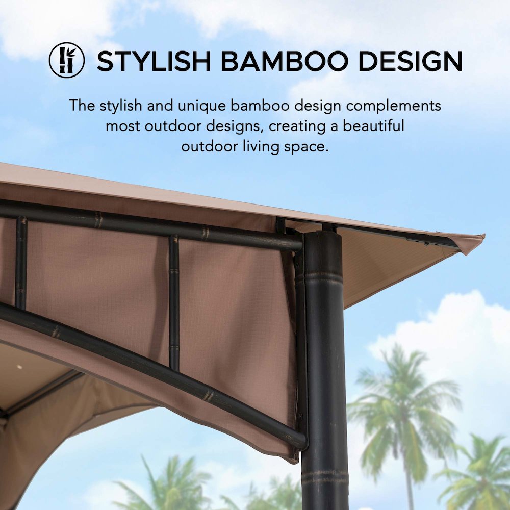 Outdoor Patio Black Bamboo Shape Steel Frame 2-Tier Soft Top Gazebo with Canopy. Picture 8