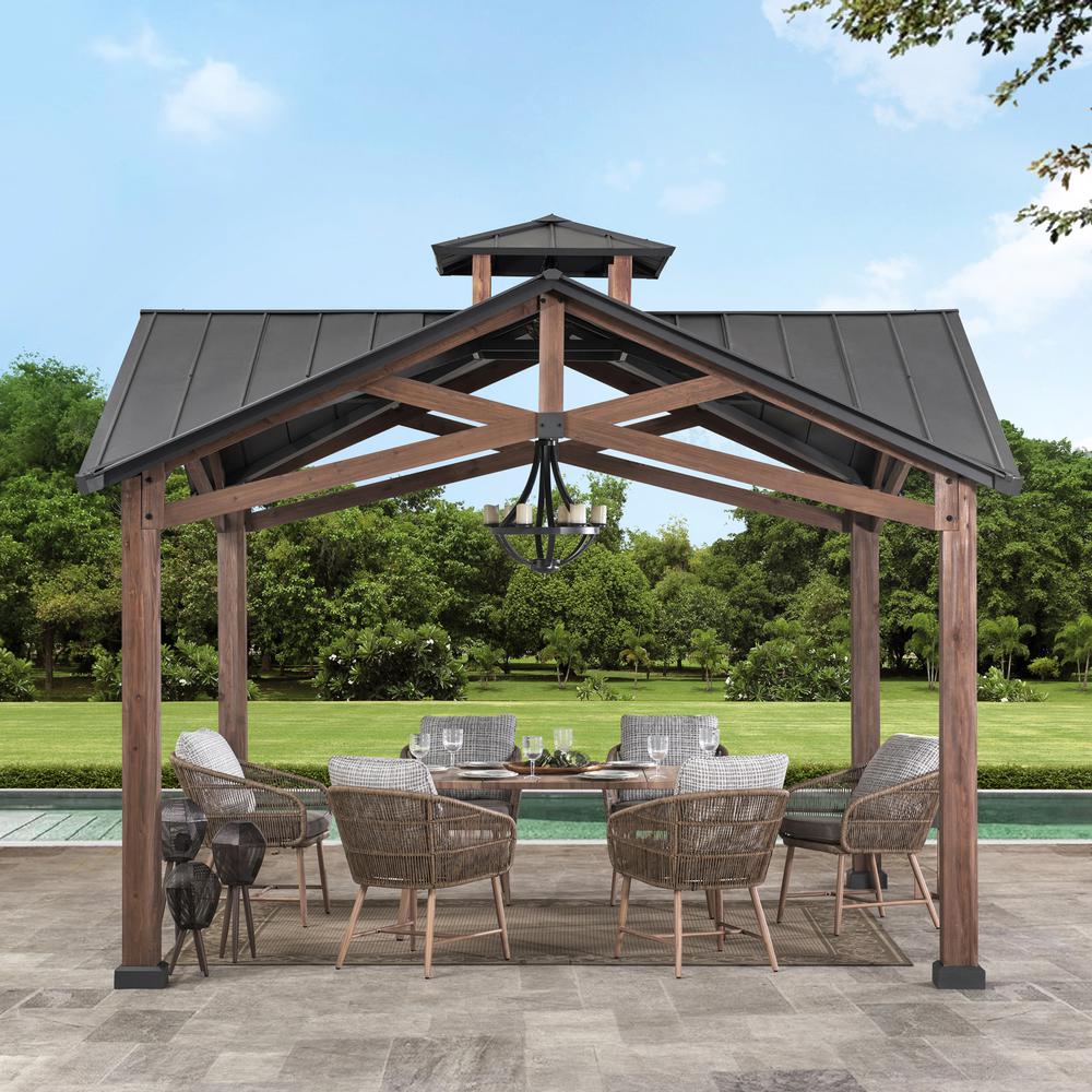 Bella Outdoor Patio Cedar Frame Gazebo with Steel 2-Tier Hardtop Roof. Picture 8