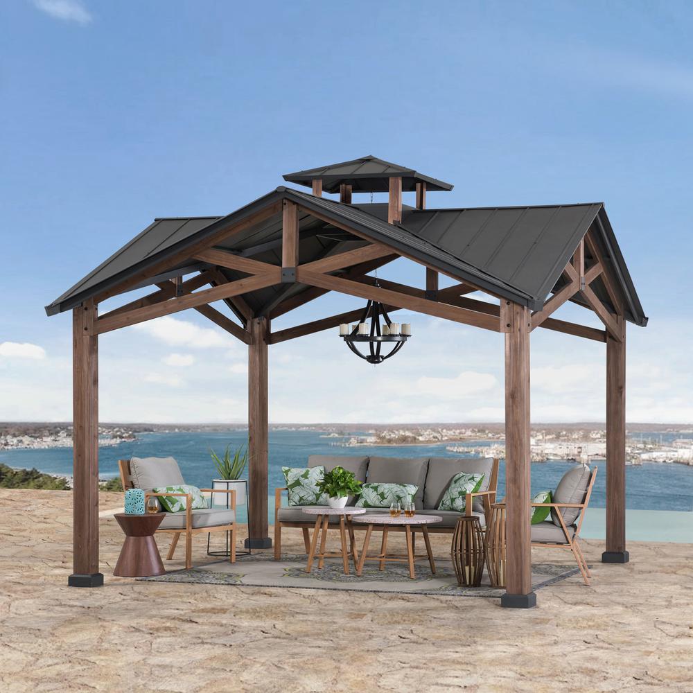 Bella Outdoor Patio Cedar Frame Gazebo with Steel 2-Tier Hardtop Roof. Picture 7