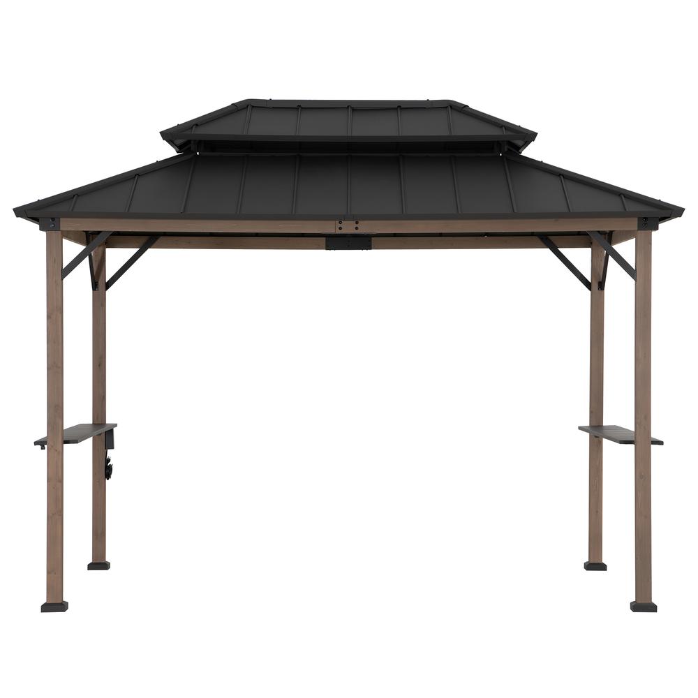 Durable Cedar Framed Wood Gazebo with Built-In Electrical Outlets, Brown. Picture 2