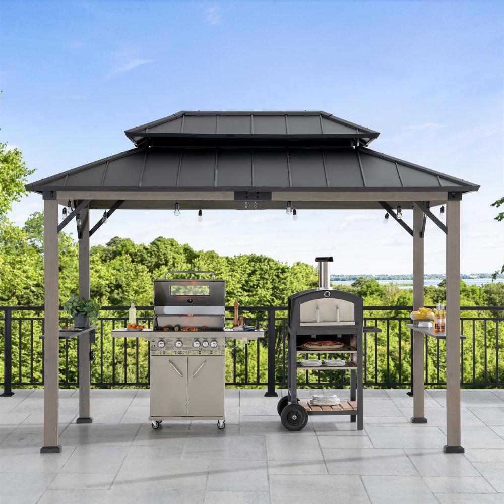 Durable Cedar Framed Wood Gazebo with Built-In Electrical Outlets, Black. Picture 15