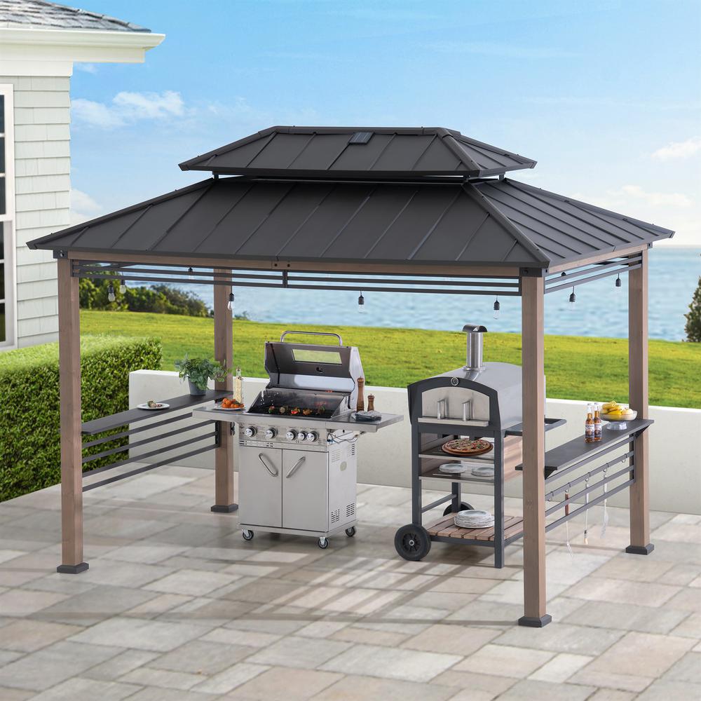 Wood Gazebo with Built-In Electrical Outlets and Decorative Fence, Brown. Picture 2