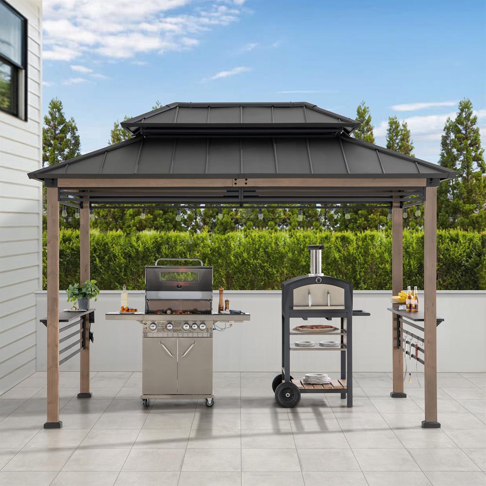 Wood Gazebo with Built-In Electrical Outlets and Decorative Fence, Brown. Picture 20