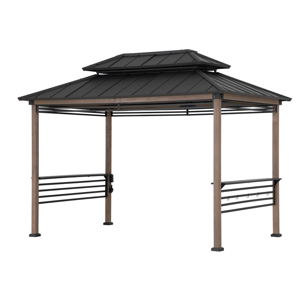 Wood Gazebo with Built-In Electrical Outlets and Decorative Fence, Brown. Picture 1