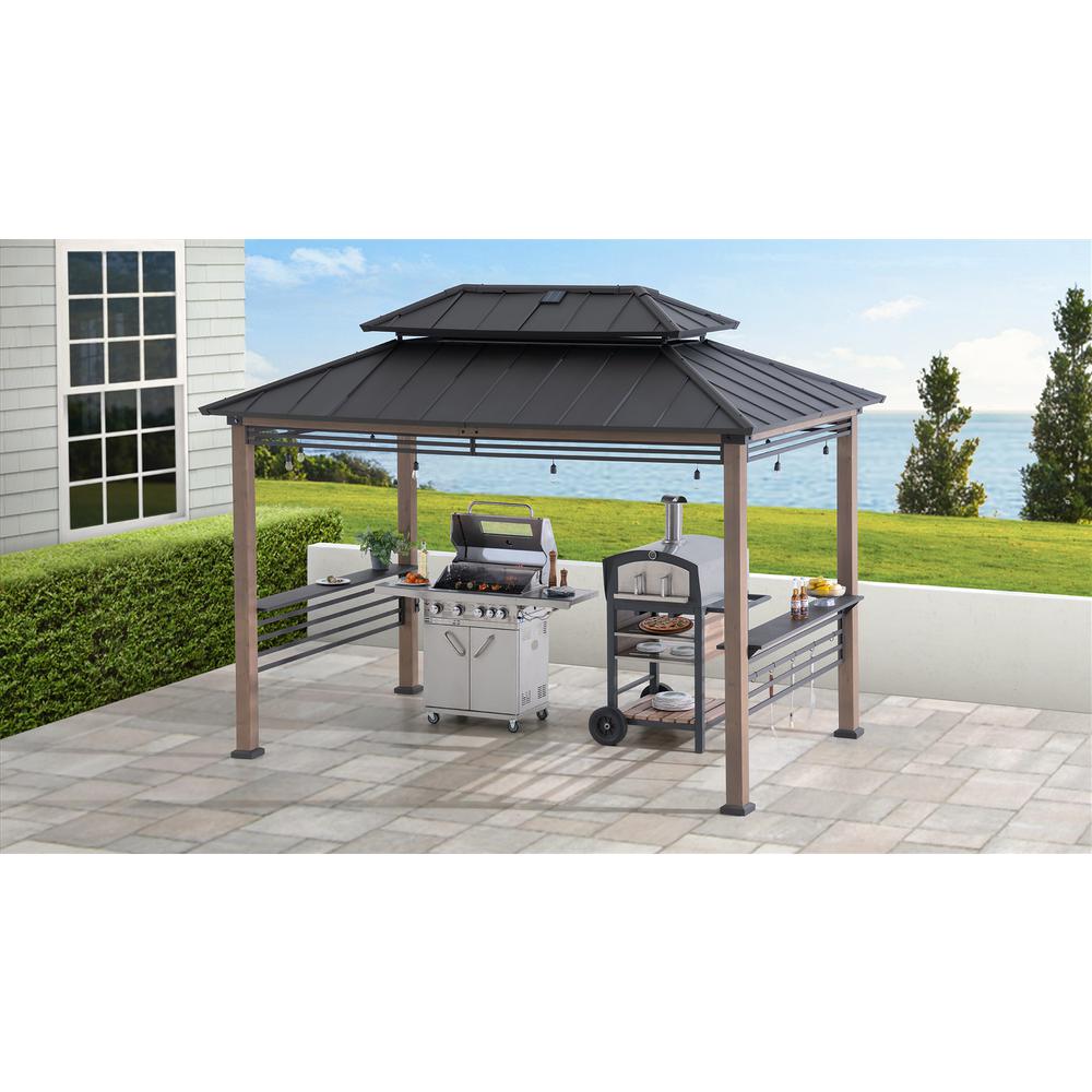 Wood Gazebo with Built-In Electrical Outlets and Decorative Fence, Brown. Picture 19