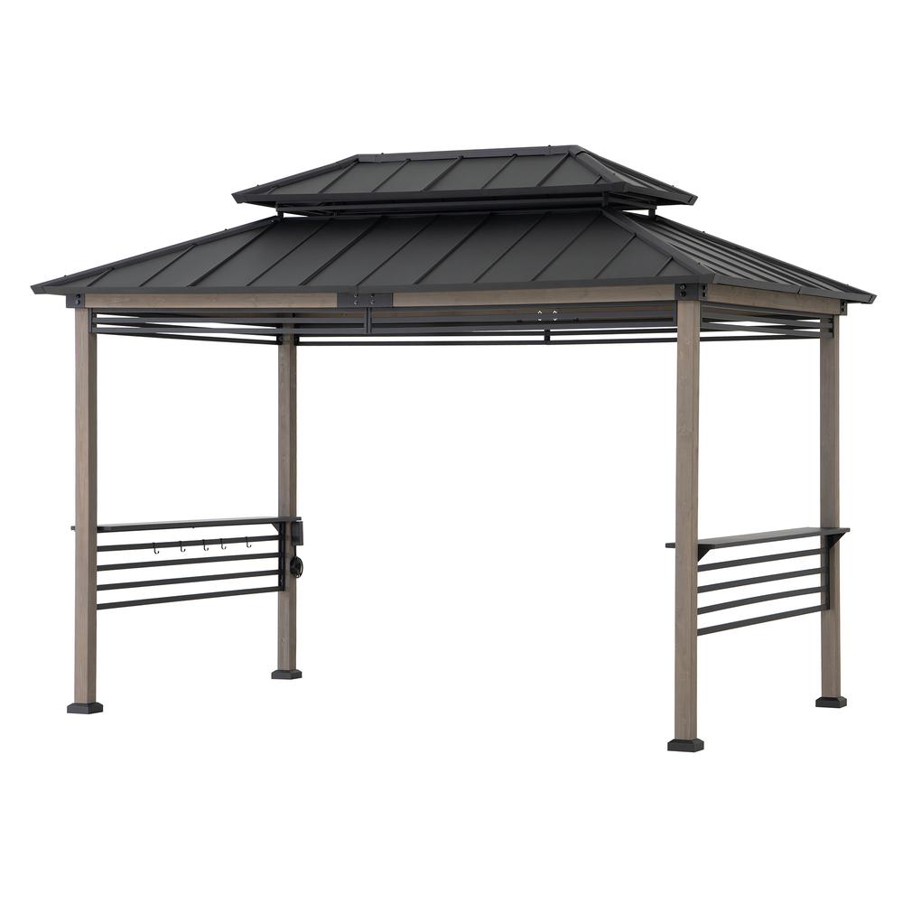 Wood Gazebo with Built-In Electrical Outlets and Decorative Fence, Black. Picture 1