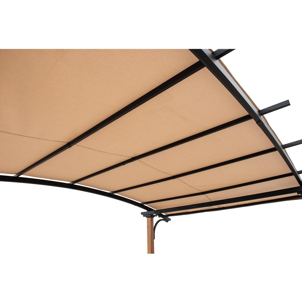 Steel Arched Metal Pergola with Natural Wood Looking Finish and Tan Shade. Picture 5