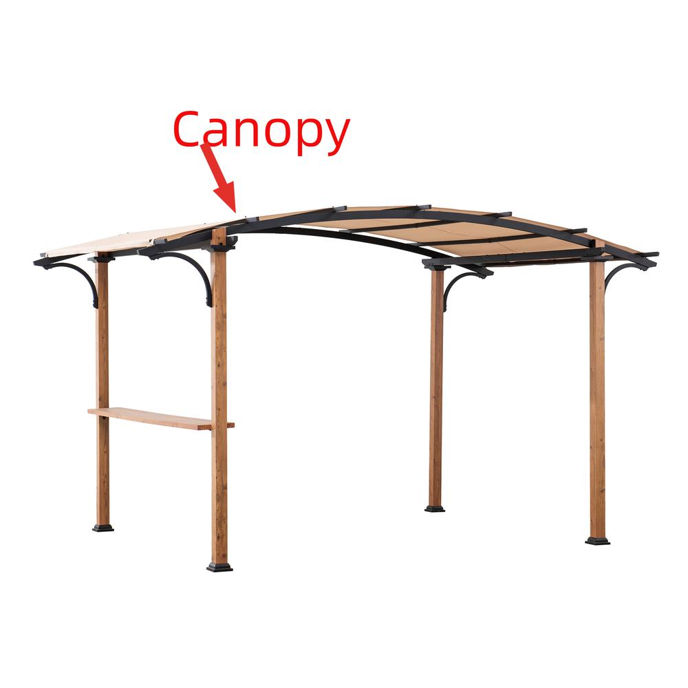 Steel Arched Metal Pergola with Natural Wood Looking Finish and Tan Shade. Picture 3