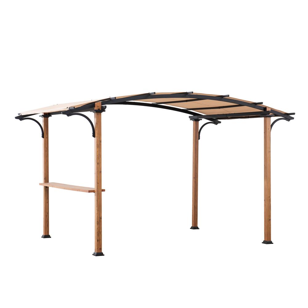 Steel Arched Metal Pergola with Natural Wood Looking Finish and Tan Shade. Picture 2