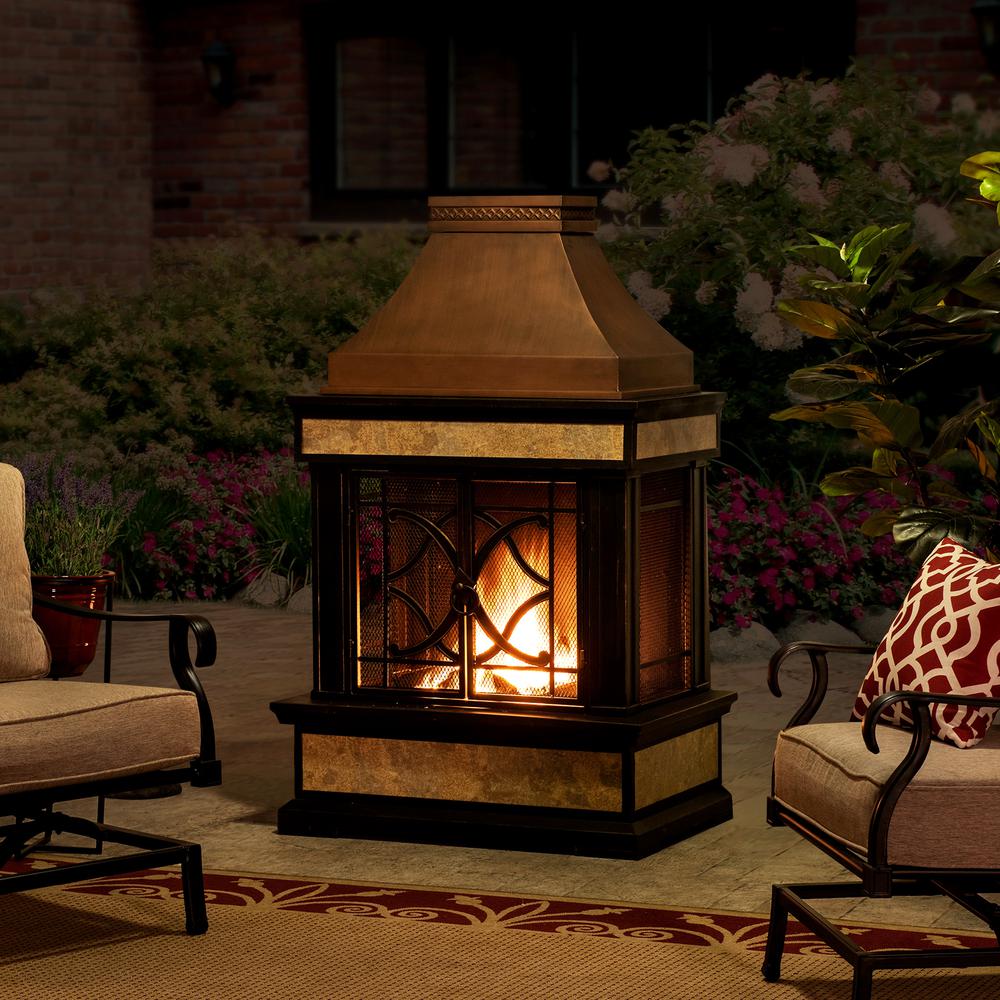 Smith Collection Outdoor Patio Wood Burning Steel Fireplace with Chimney. Picture 12