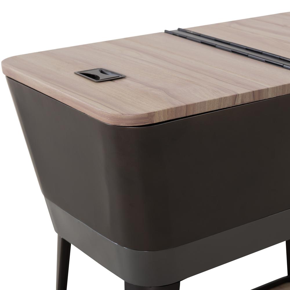 80-Quart Wood Grain Metal Rolling Ice Chest Cooler Cart with Storage Shelf. Picture 8