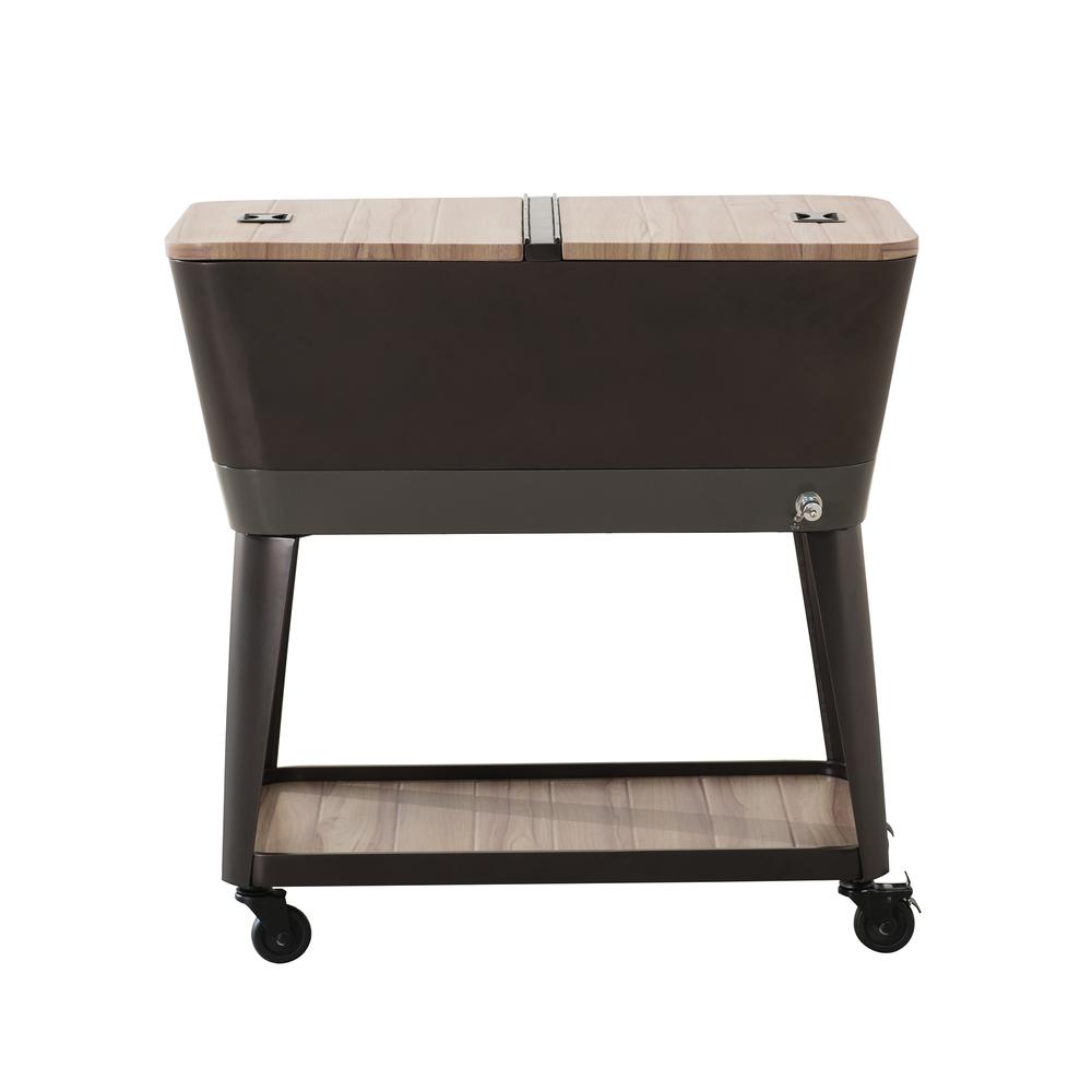 80-Quart Wood Grain Metal Rolling Ice Chest Cooler Cart with Storage Shelf. Picture 13