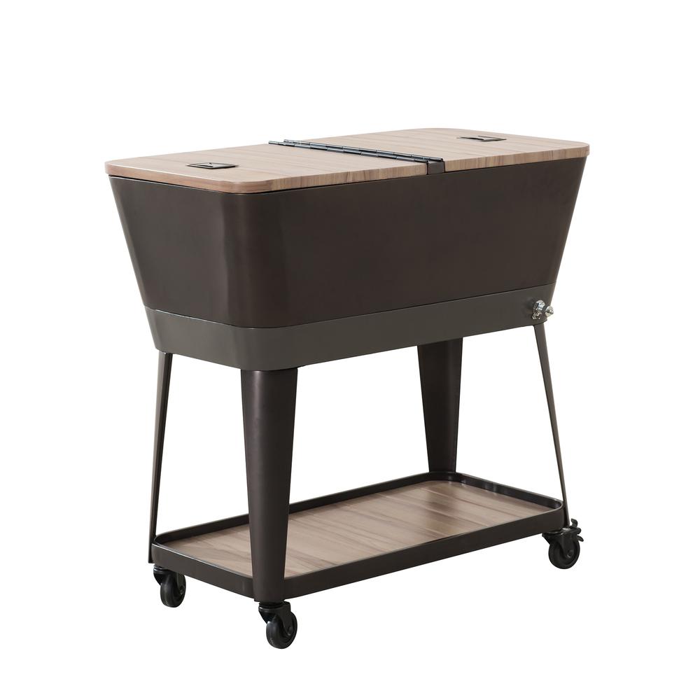 80-Quart Wood Grain Metal Rolling Ice Chest Cooler Cart with Storage Shelf. Picture 1