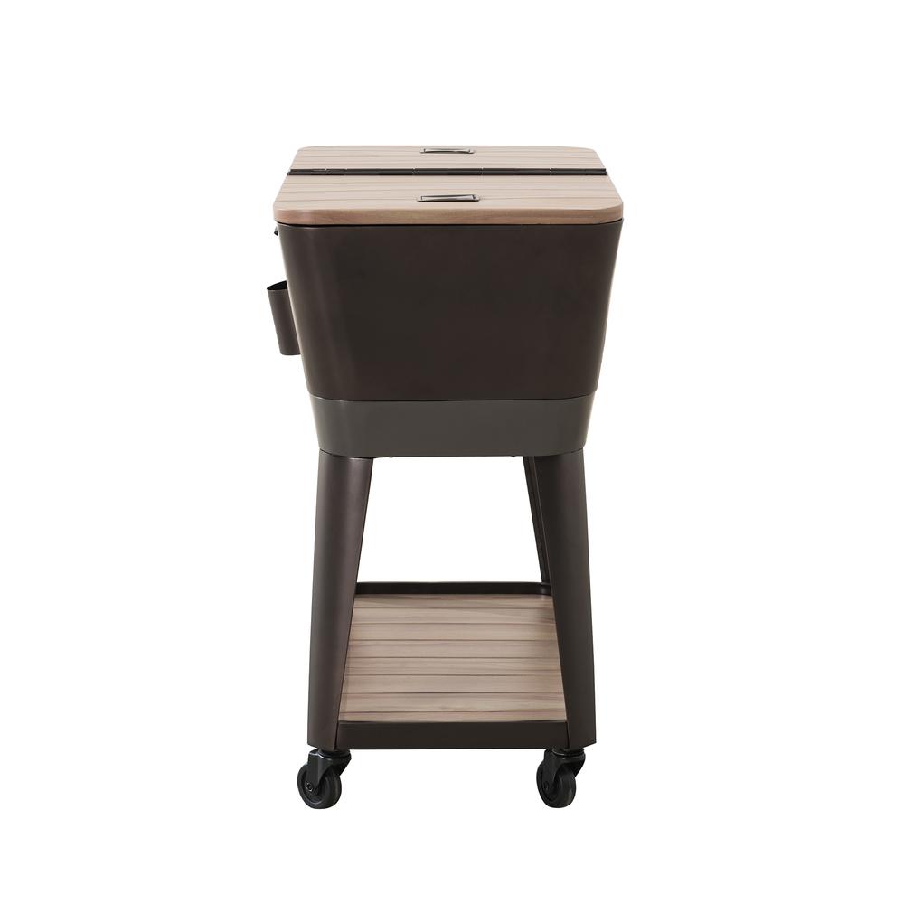80-Quart Wood Grain Metal Rolling Ice Chest Cooler Cart with Storage Shelf. Picture 14