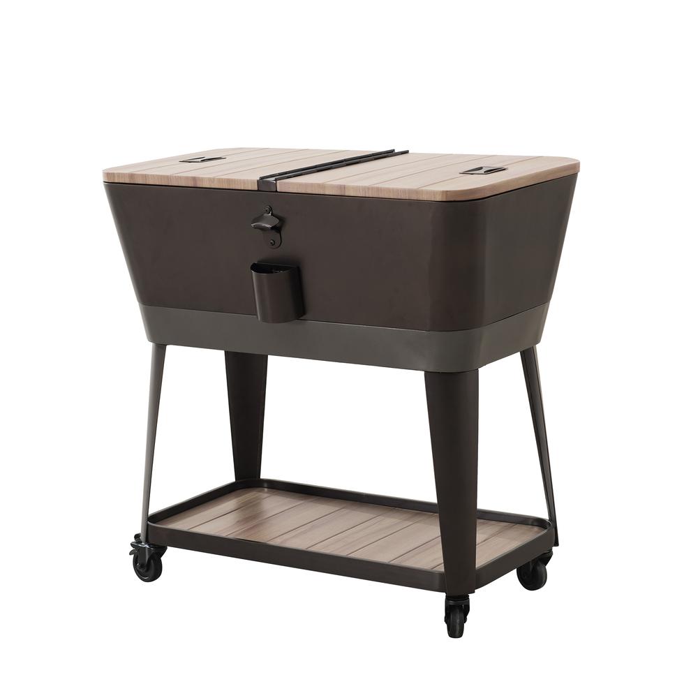 80-Quart Wood Grain Metal Rolling Ice Chest Cooler Cart with Storage Shelf. Picture 15