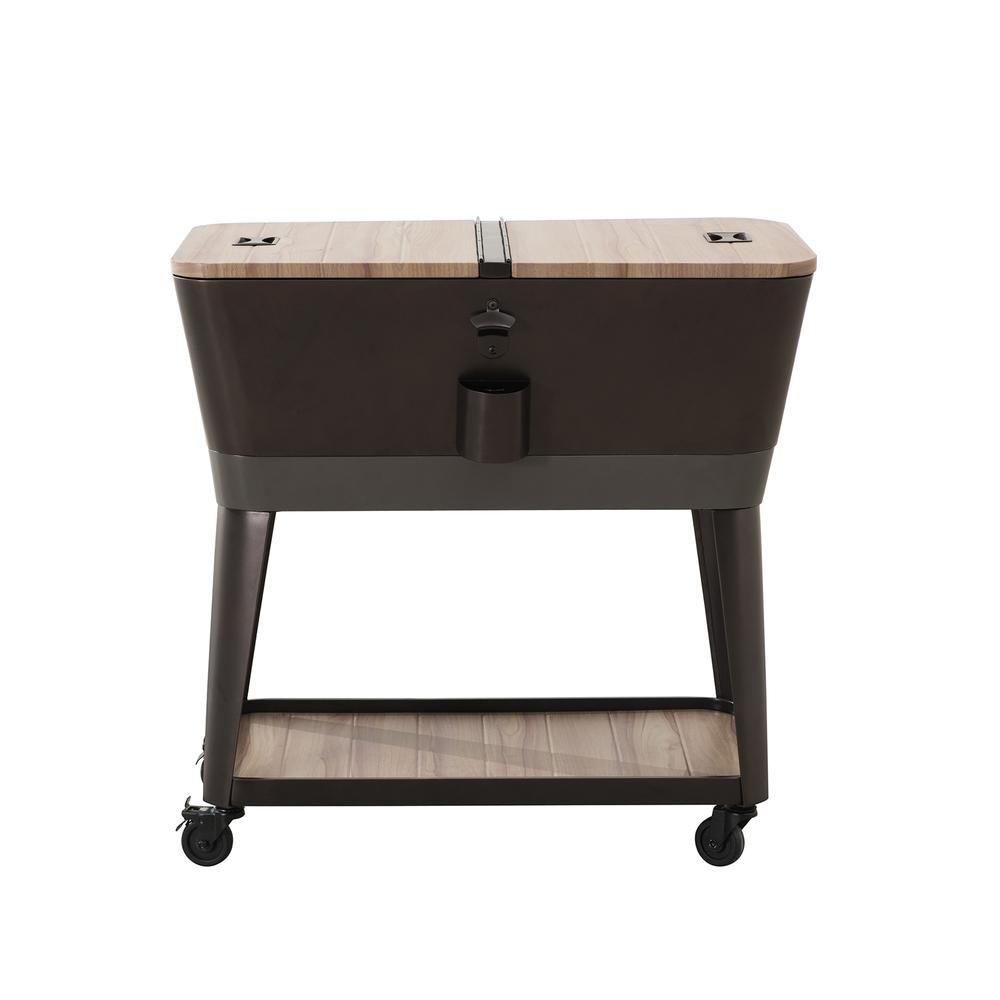 80-Quart Wood Grain Metal Rolling Ice Chest Cooler Cart with Storage Shelf. Picture 16