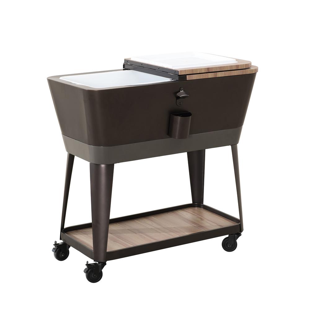 80-Quart Wood Grain Metal Rolling Ice Chest Cooler Cart with Storage Shelf. Picture 18