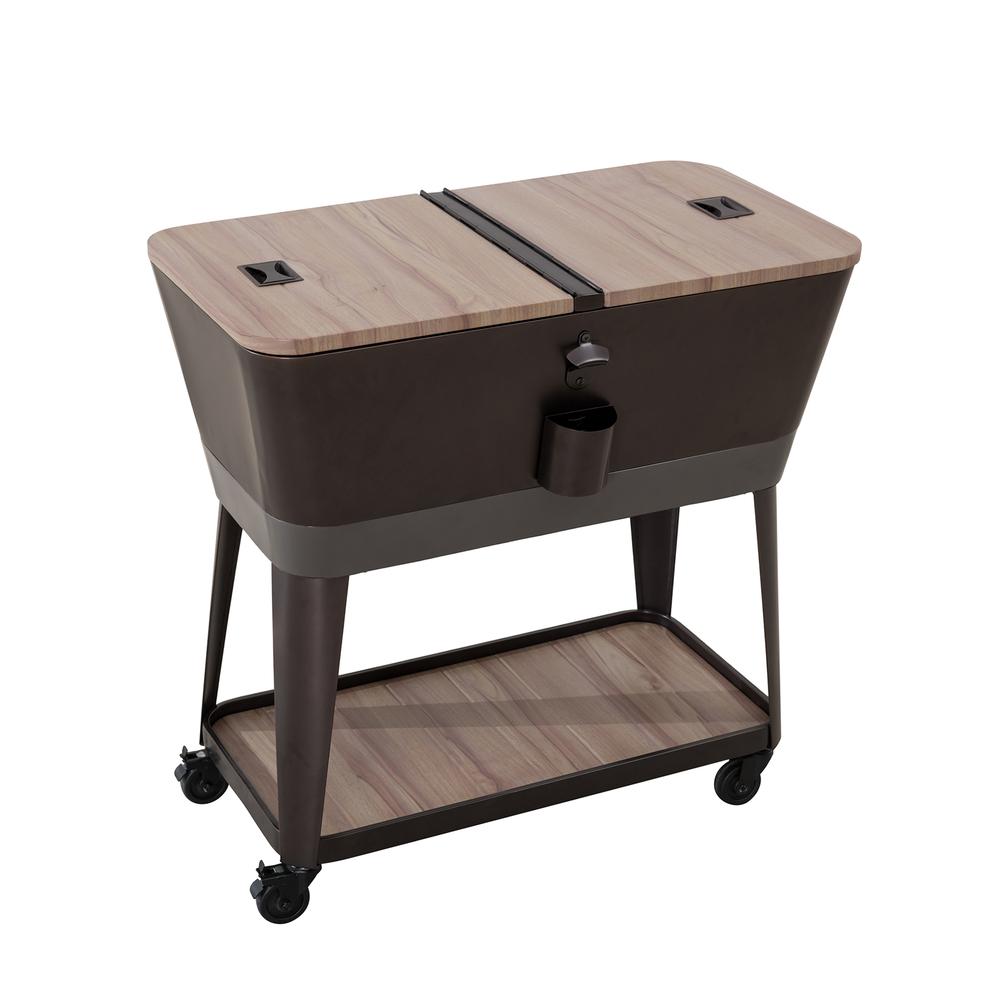80-Quart Wood Grain Metal Rolling Ice Chest Cooler Cart with Storage Shelf. Picture 19