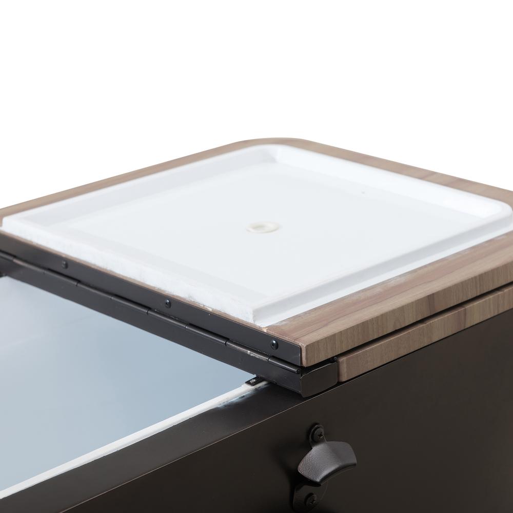 80-Quart Wood Grain Metal Rolling Ice Chest Cooler Cart with Storage Shelf. Picture 2