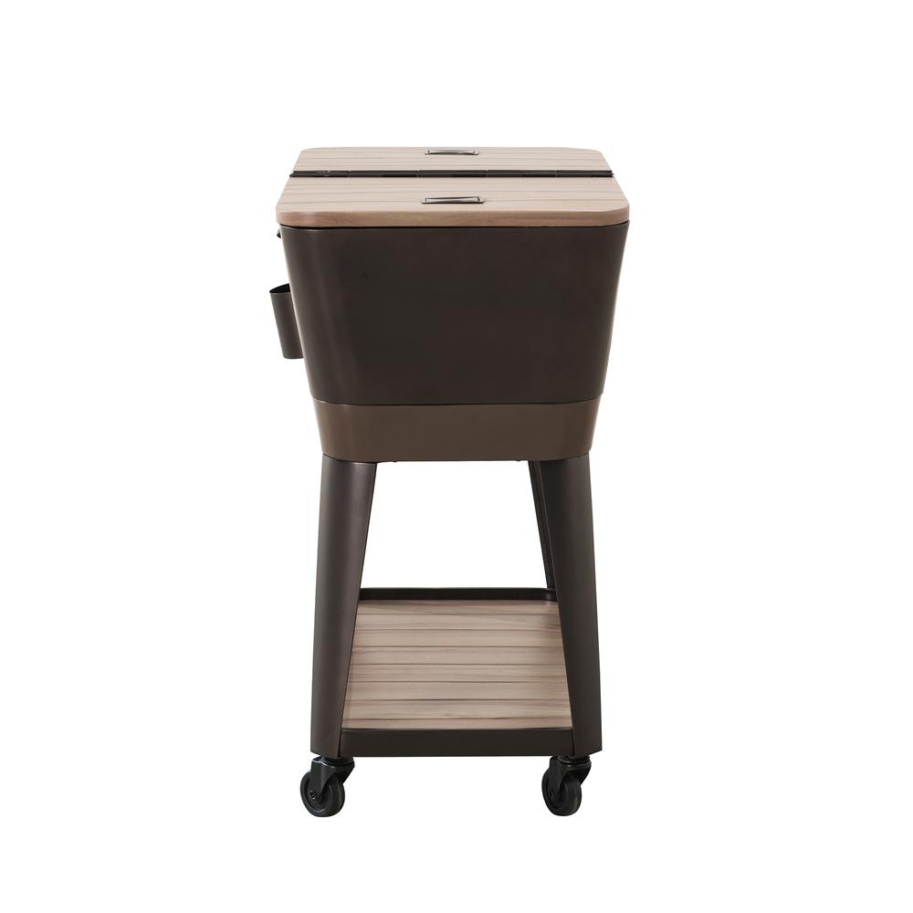80-Quart Wood Grain Metal Rolling Ice Chest Cooler Cart with Storage Shelf. Picture 13