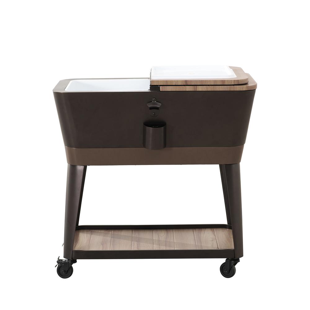 80-Quart Wood Grain Metal Rolling Ice Chest Cooler Cart with Storage Shelf. Picture 16