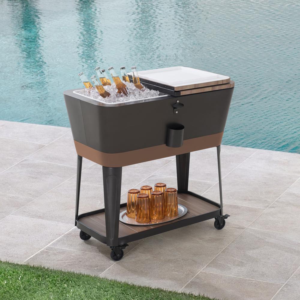 80-Quart Wood Grain Metal Rolling Ice Chest Cooler Cart with Storage Shelf. Picture 2