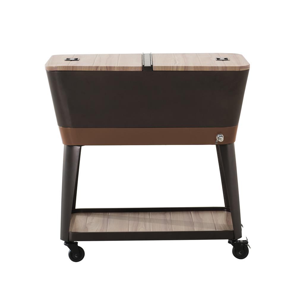 80-Quart Wood Grain Metal Rolling Ice Chest Cooler Cart with Storage Shelf. Picture 13